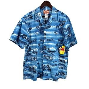 RJC Hawaiian Shirt Mens XL Blue WWII Fighter Planes Military Aviation New